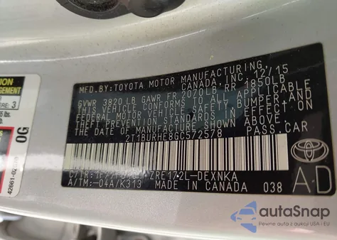 2016 Toyota Corolla Le from USA, damaged, VIN 2T1BURHE8GC572578